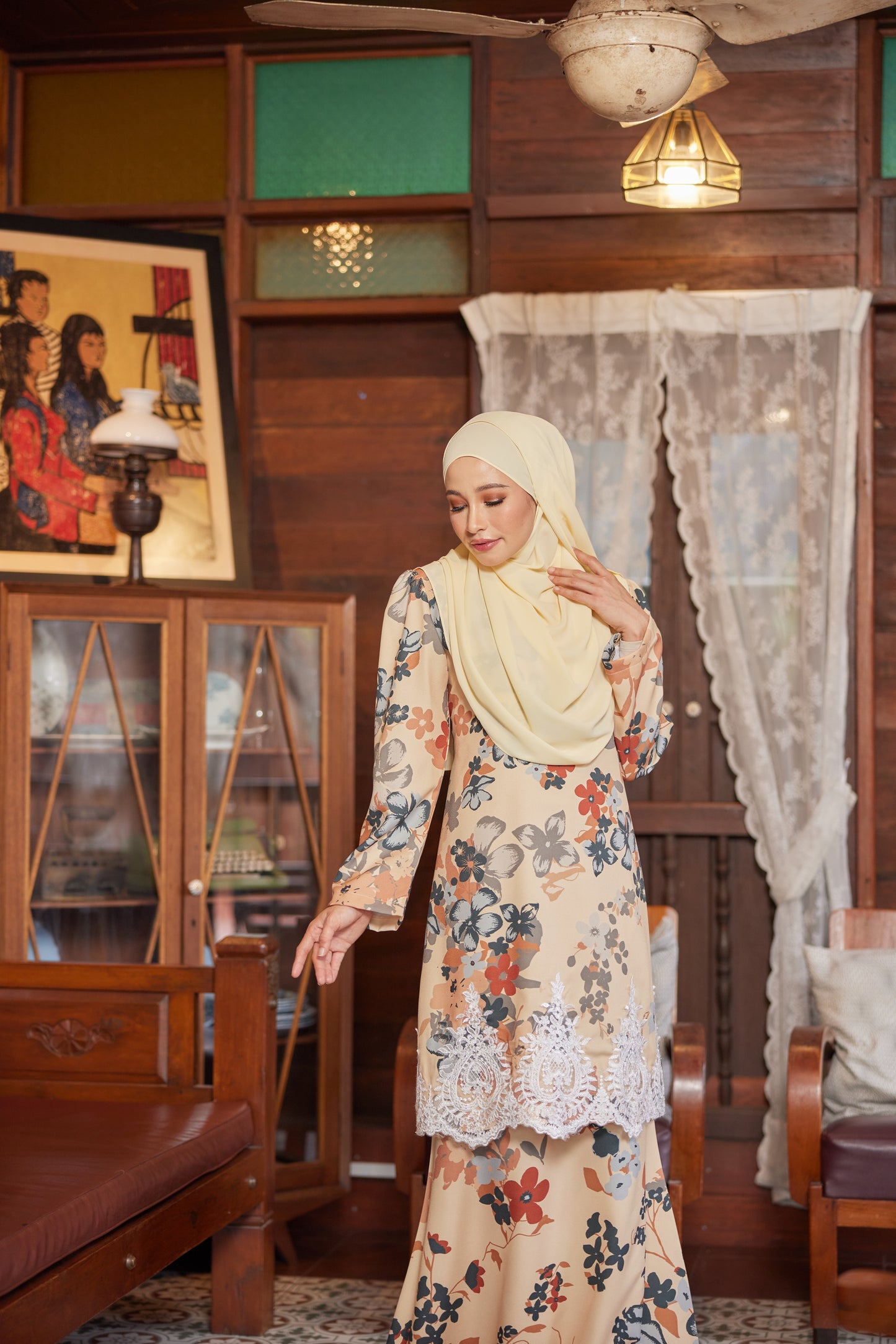 Baju Kurung Corak Gelora Raya - Yellow Jagung Cream