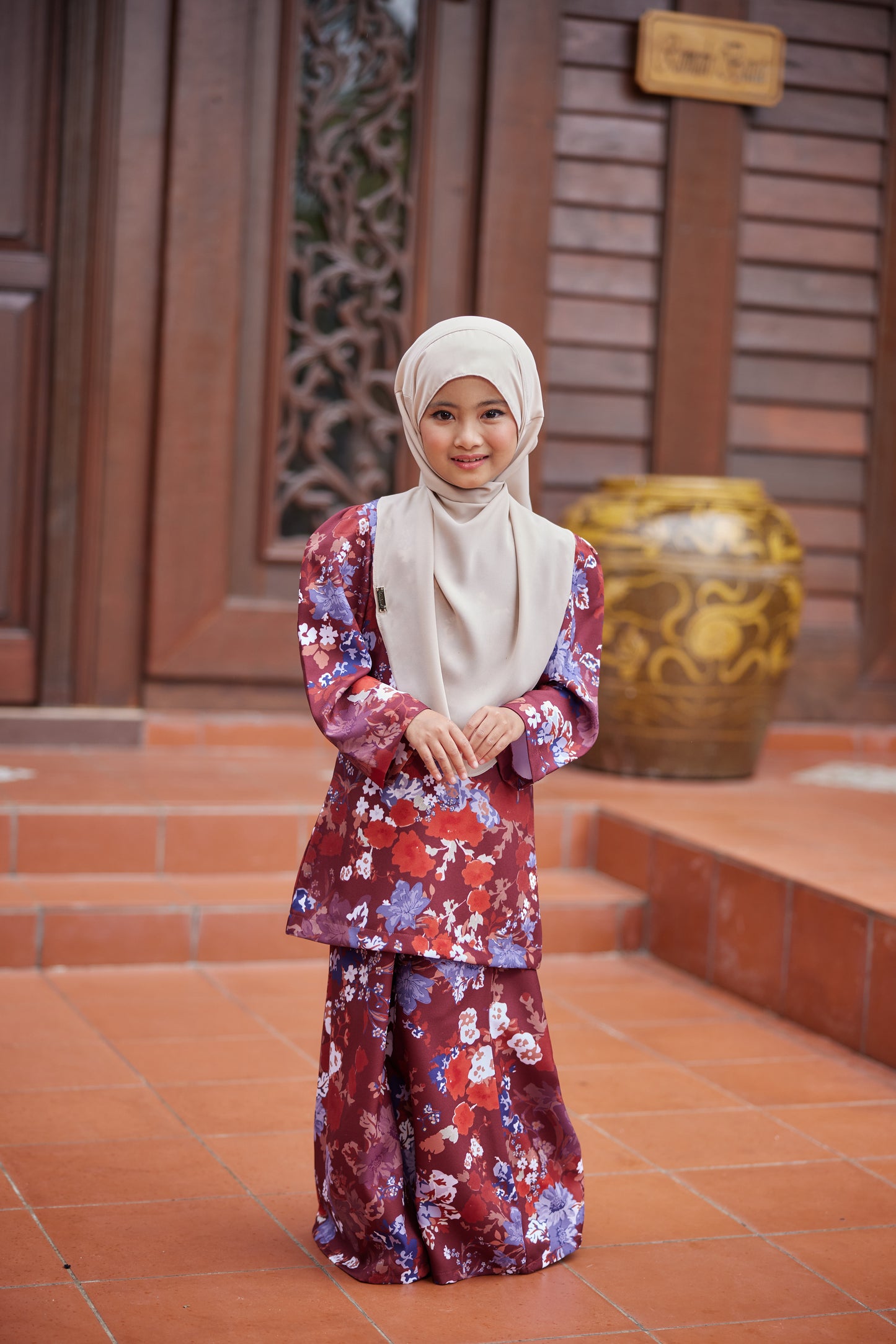 Baju Kurung Corak Gelora Raya Kids- Dark Maroon Tembikai