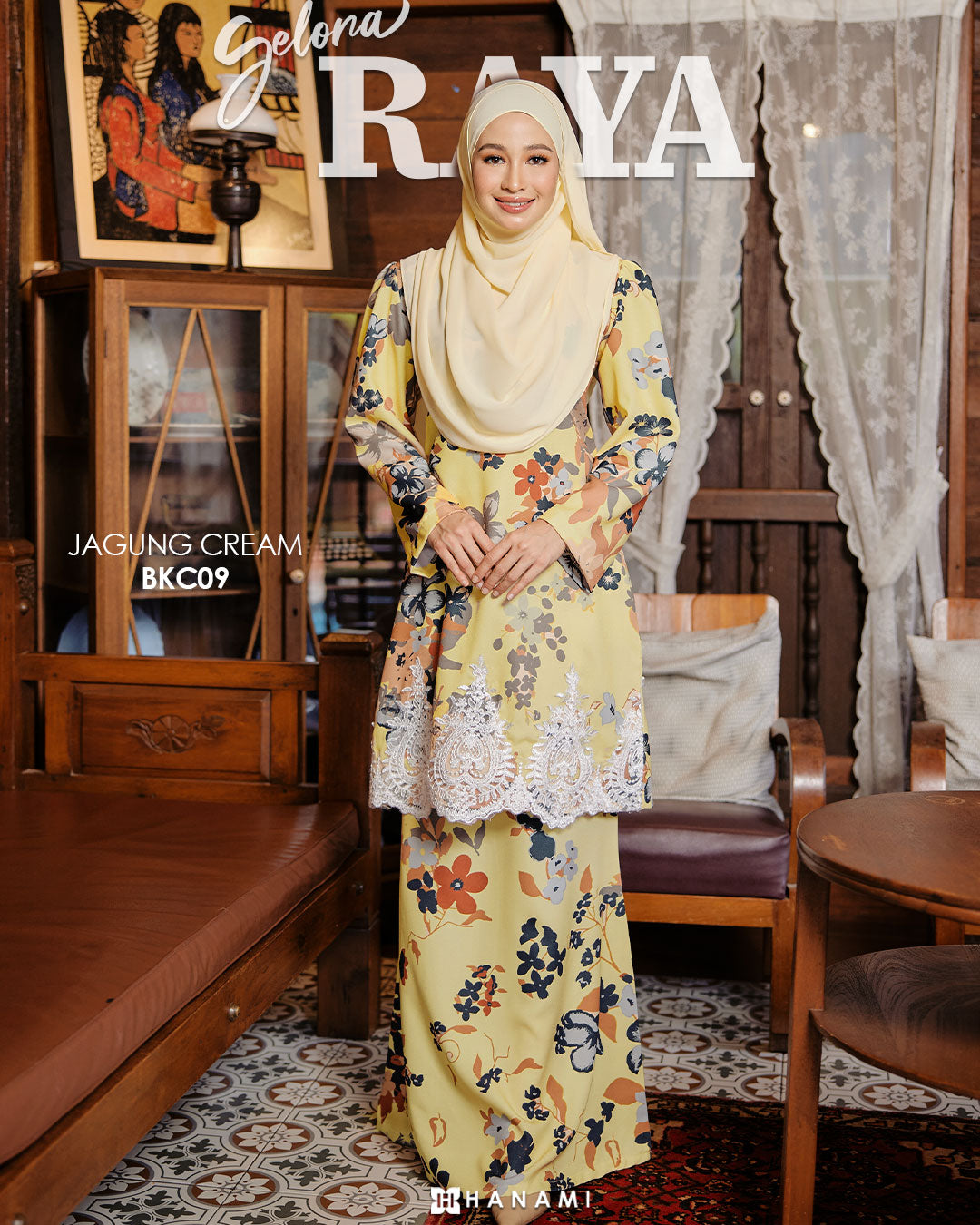 Baju Kurung Corak Gelora Raya - Yellow Jagung Cream