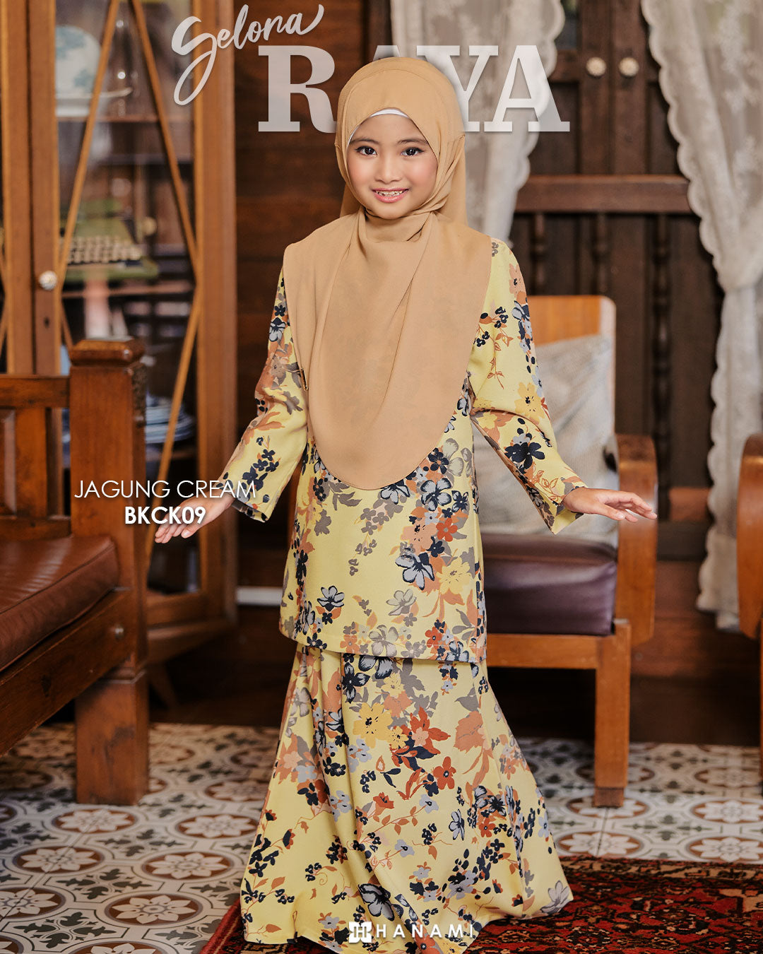 Baju Kurung Corak Gelora Raya Kids- Yellow Jagung Cream