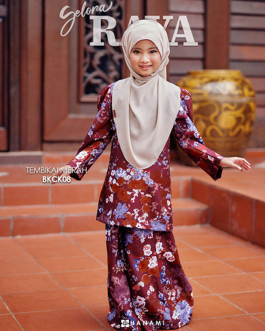 Baju Kurung Corak Gelora Raya Kids- Dark Maroon Tembikai